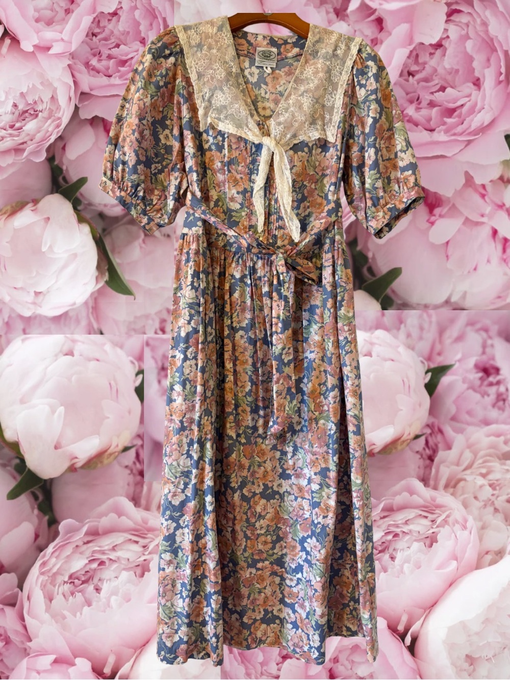 Laura Ashley Lace Sailor Collar Floral Midi  Dress Puff Sleeve 1980s Tie Waist